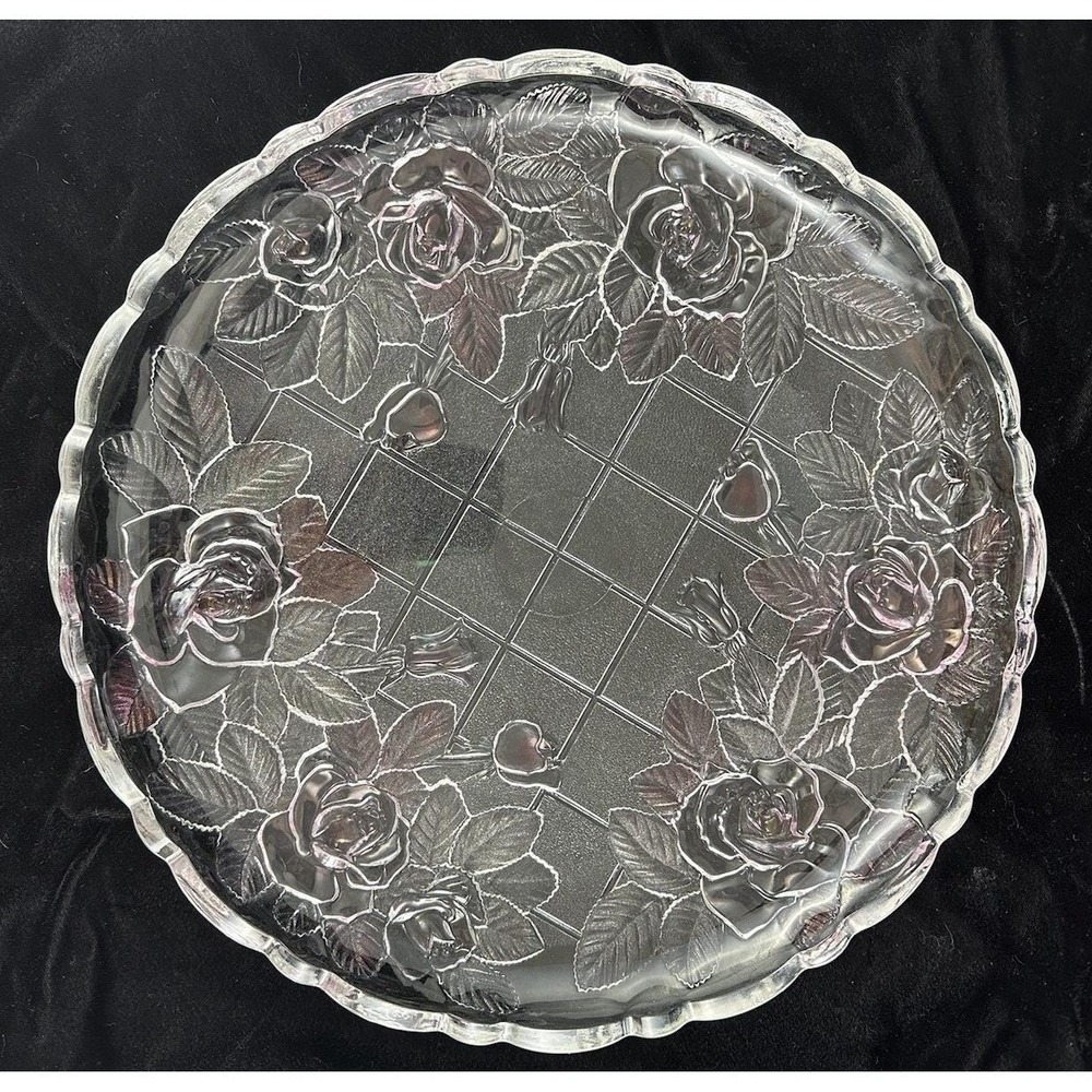 Studio Nova Crystal Pink Rose Clear Platter Glass Round 14" Scalloped Edge